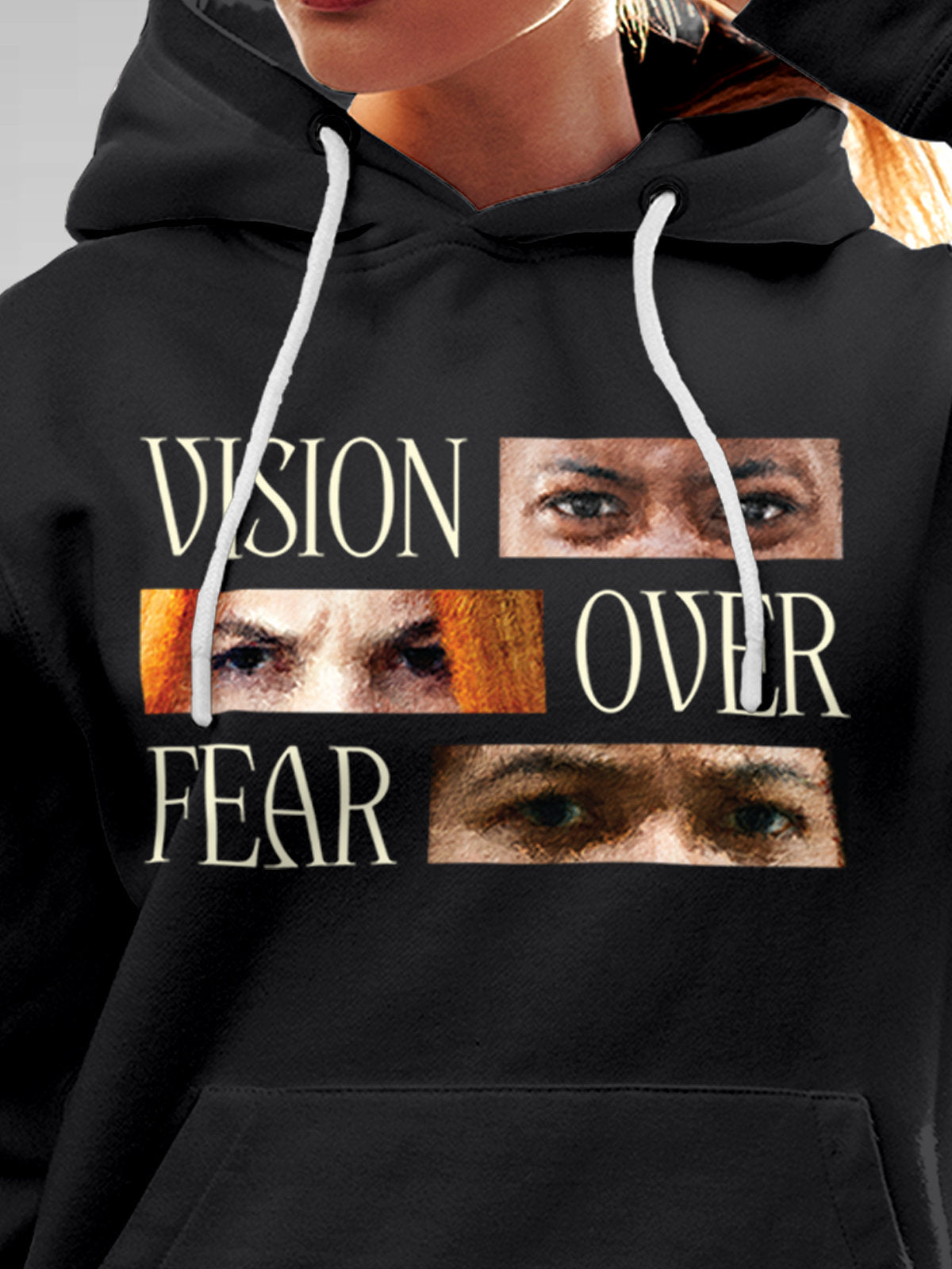 Close up of 'Vision Over Fear' design on Women's Dark Grey Hoodie Sweatshirt, highlighting intricate details and vibrant print.