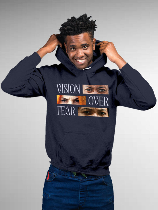 Fighterhero Hoodies: Model wearing Men's Navy Blue Hoodie Sweatshirt with 'Vision Over Fear' design