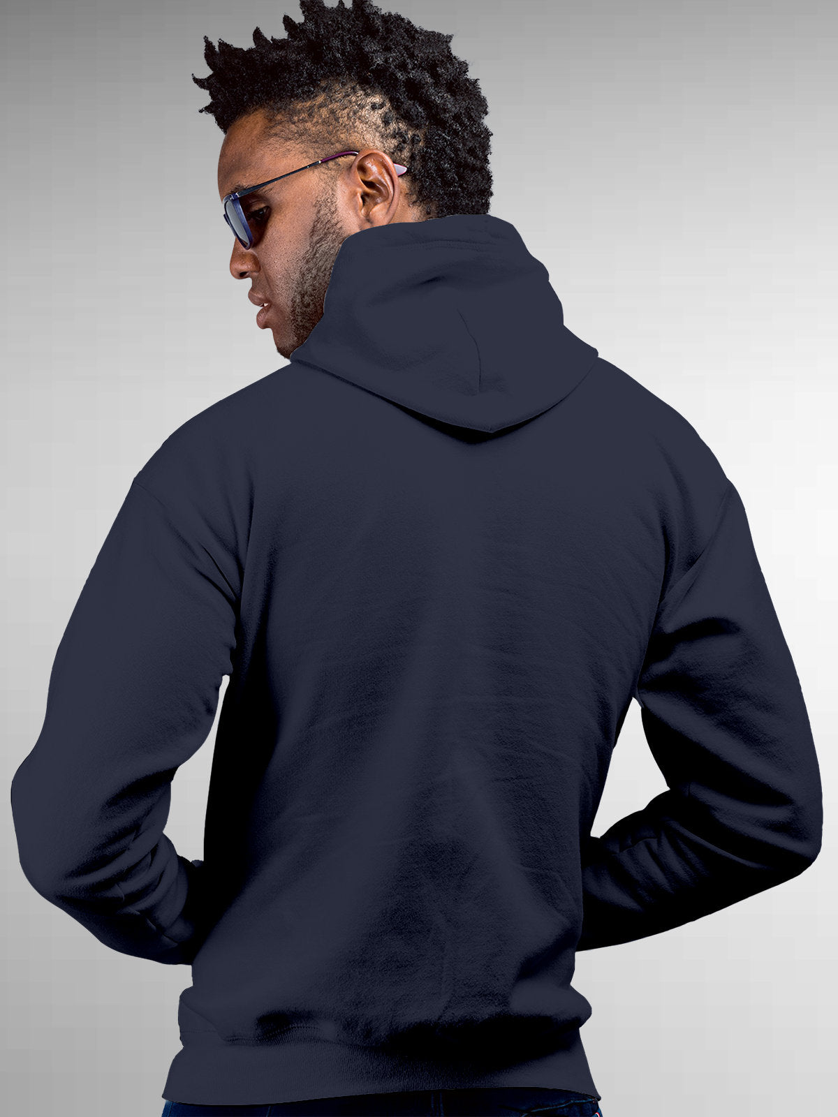 Back view of Fighterhero Men's Navy Blue Hoodie Sweatshirt, highlighting the modern look and clean finish
