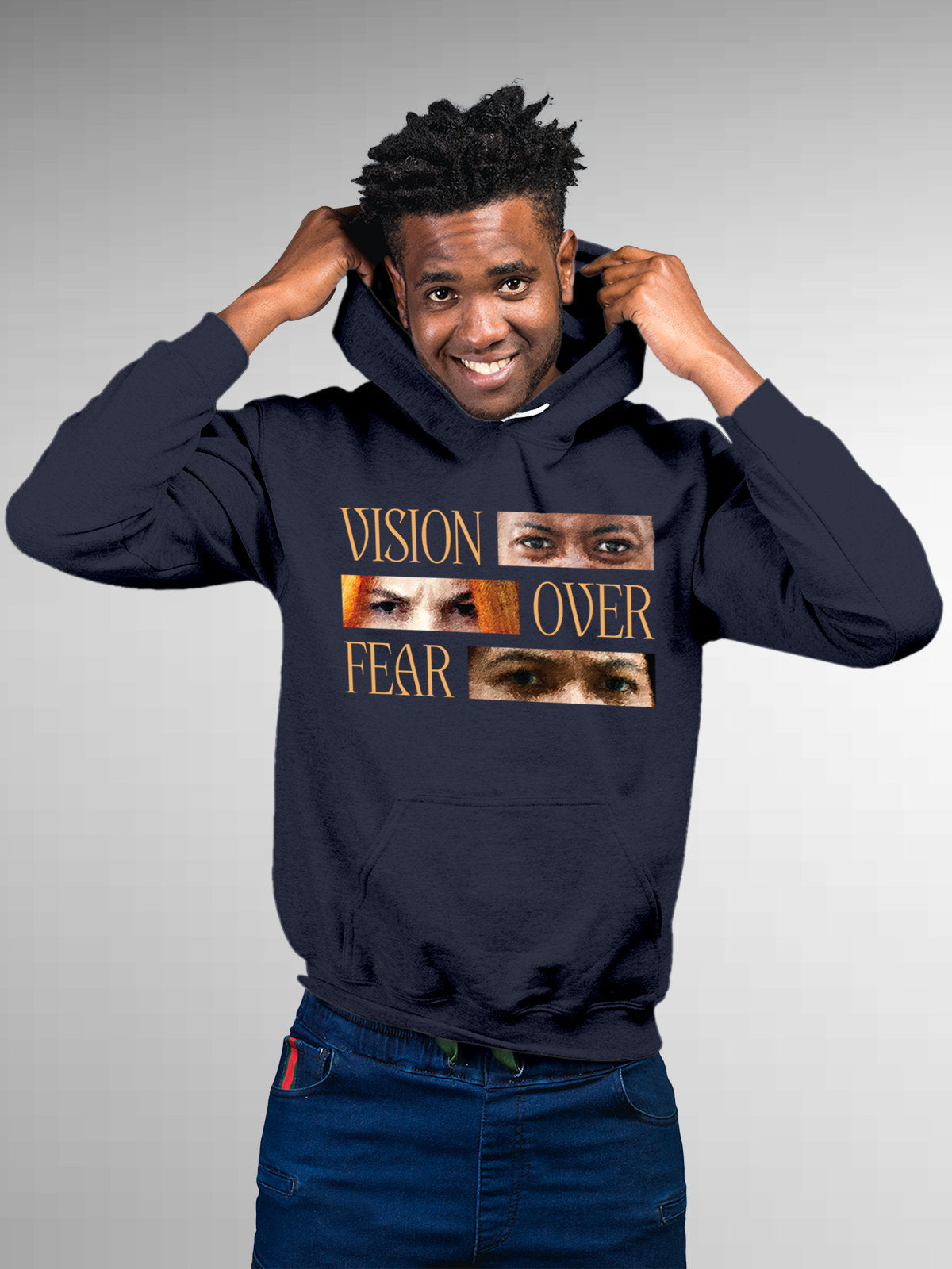 Model wearing Men's Navy Blue Hoodie Sweatshirt with 'Vision Over Fear' design, offering effortless style and premium comfort