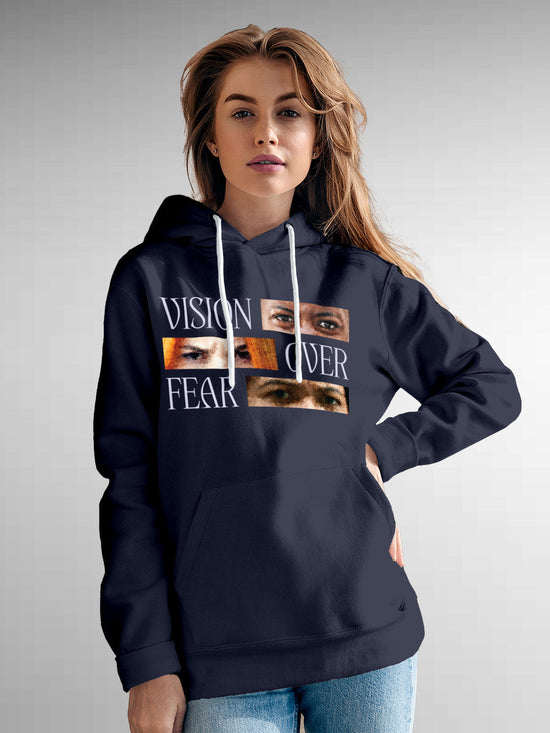 Fighterhero Hoodies: Model wearing Women's Navy Blue Hoodie Sweatshirt with 'Vision Over Fear' design