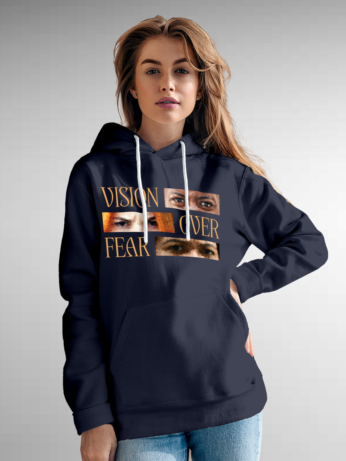 Model wearing Women's Navy Blue Hoodie Sweatshirt with 'Vision Over Fear' design, offering effortless style and premium comfort