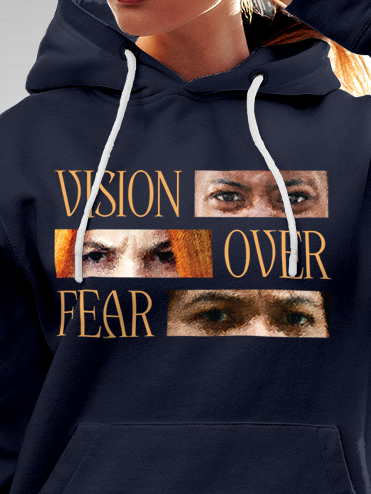 Close up of 'Vision Over Fear' design on Women's Navy Blue Hoodie Sweatshirt, highlighting intricate details and vibrant print.