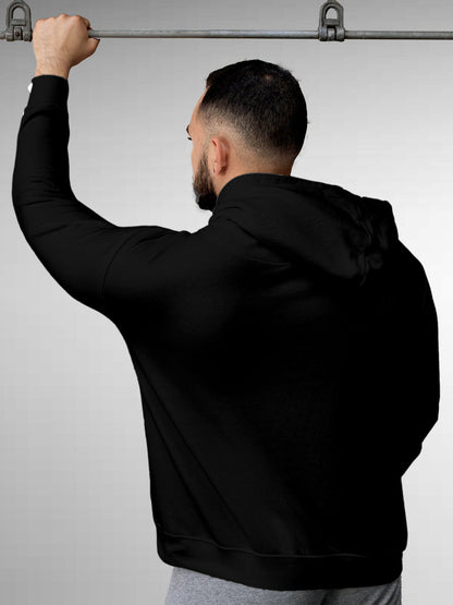 Back view of Fighterhero Men's Black Hoodie Sweatshirt, highlighting the modern look and clean finish