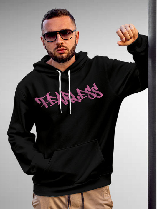 Fighterhero Hoodies: Model wearing Men's Black Hoodie Sweatshirt with 'Fearless' design