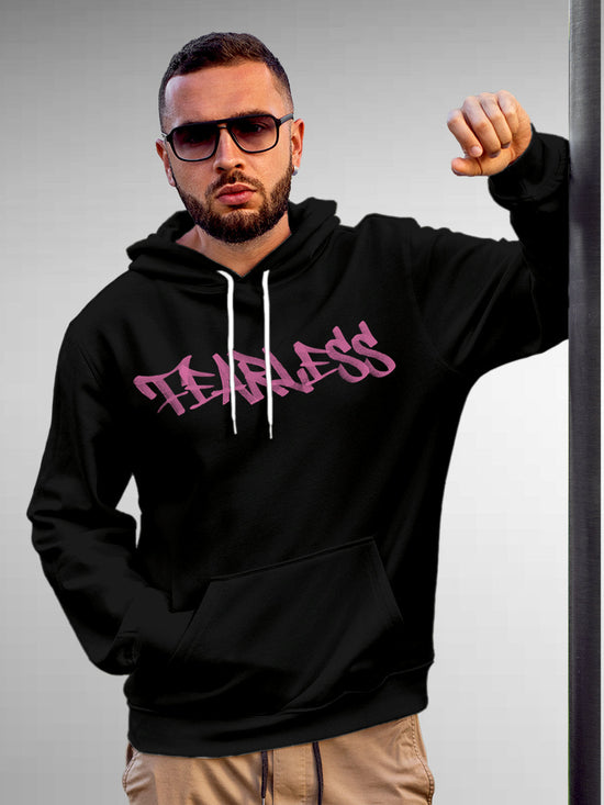 Fighterhero Hoodies: Model wearing Men's Black Hoodie Sweatshirt with 'Fearless' design