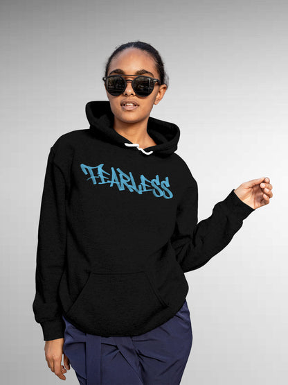 Model wearing Women's Black Hoodie Sweatshirt with 'Fearless' design, offering effortless style and premium comfort