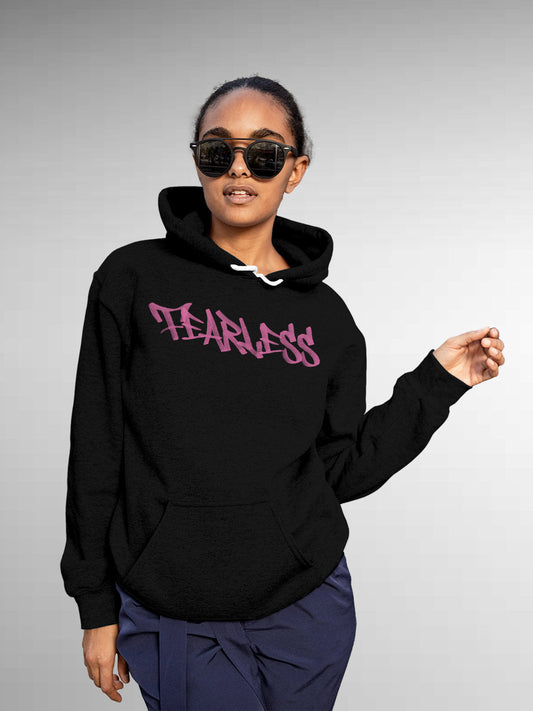 Fighterhero Hoodies: Model wearing Women's Black Hoodie Sweatshirt with 'Fearless' design