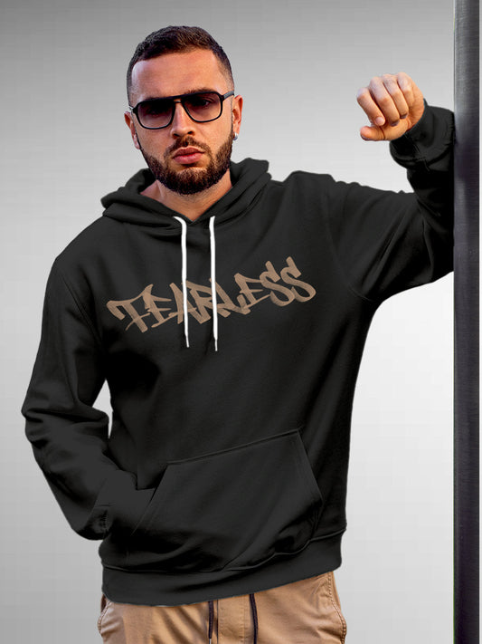 Fighterhero Hoodies: Model wearing Men's Dark Grey Hoodie Sweatshirt with 'Fearless' design