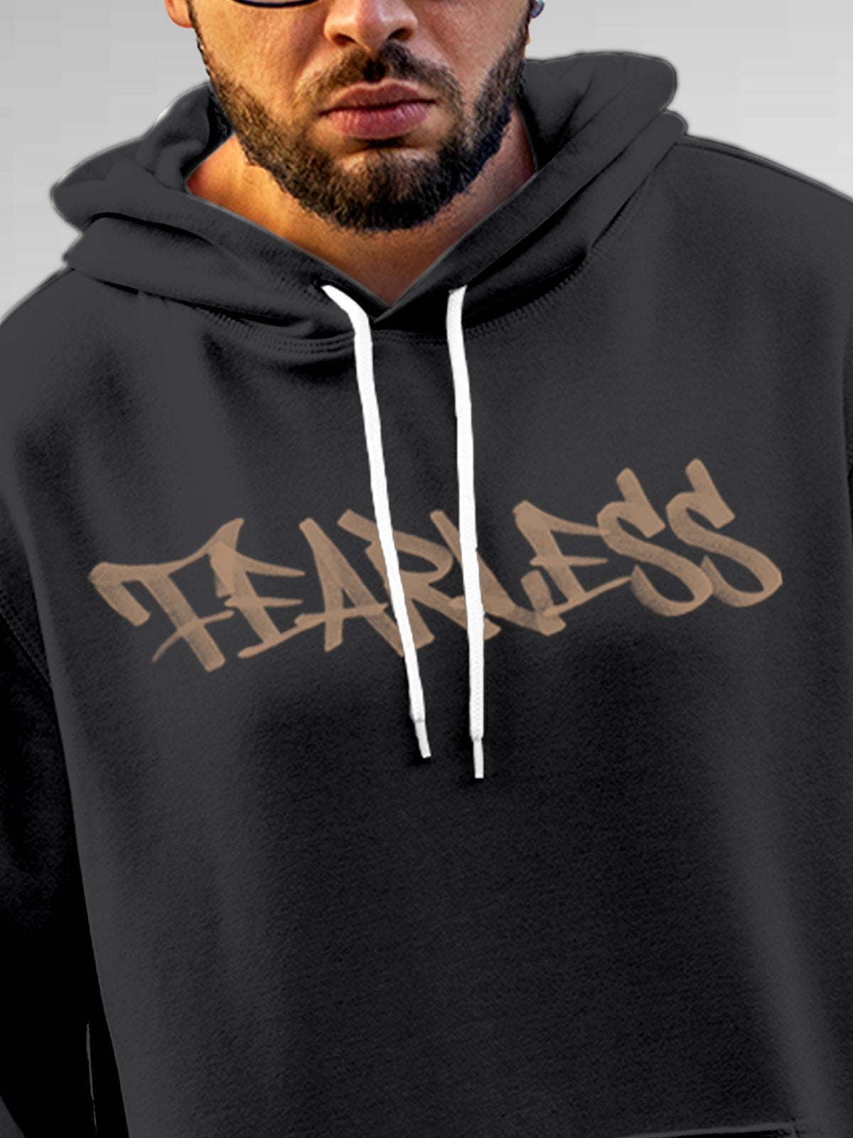 Close up of 'Fearless' design on Men's Dark Grey Hoodie Sweatshirt, highlighting intricate details and vibrant print.
