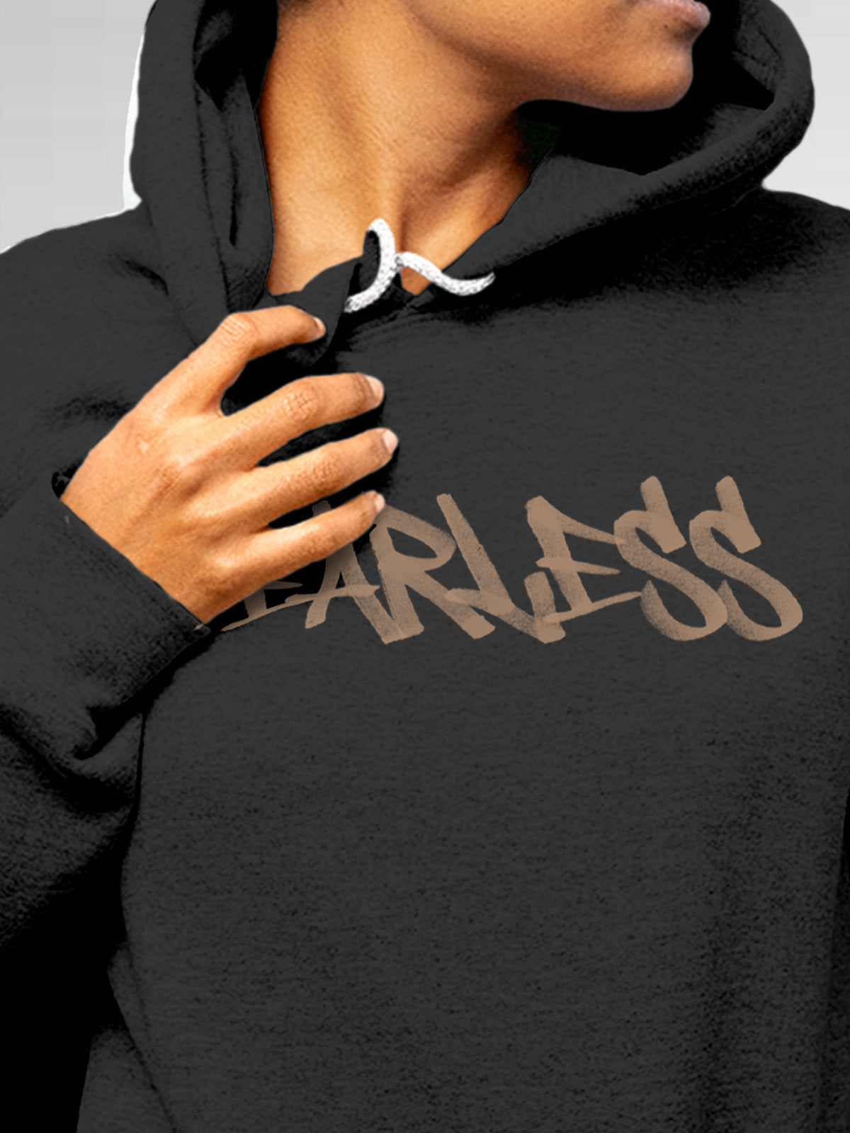 Close up of 'Fearless' design on Women's Dark Grey Hoodie Sweatshirt, highlighting intricate details and vibrant print.