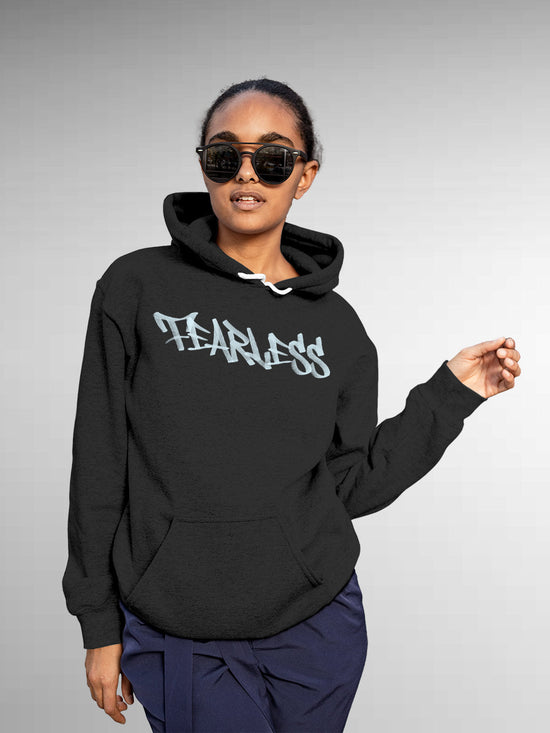 Fighterhero Hoodies: Model wearing Women's Dark Grey Hoodie Sweatshirt with 'Fearless' design
