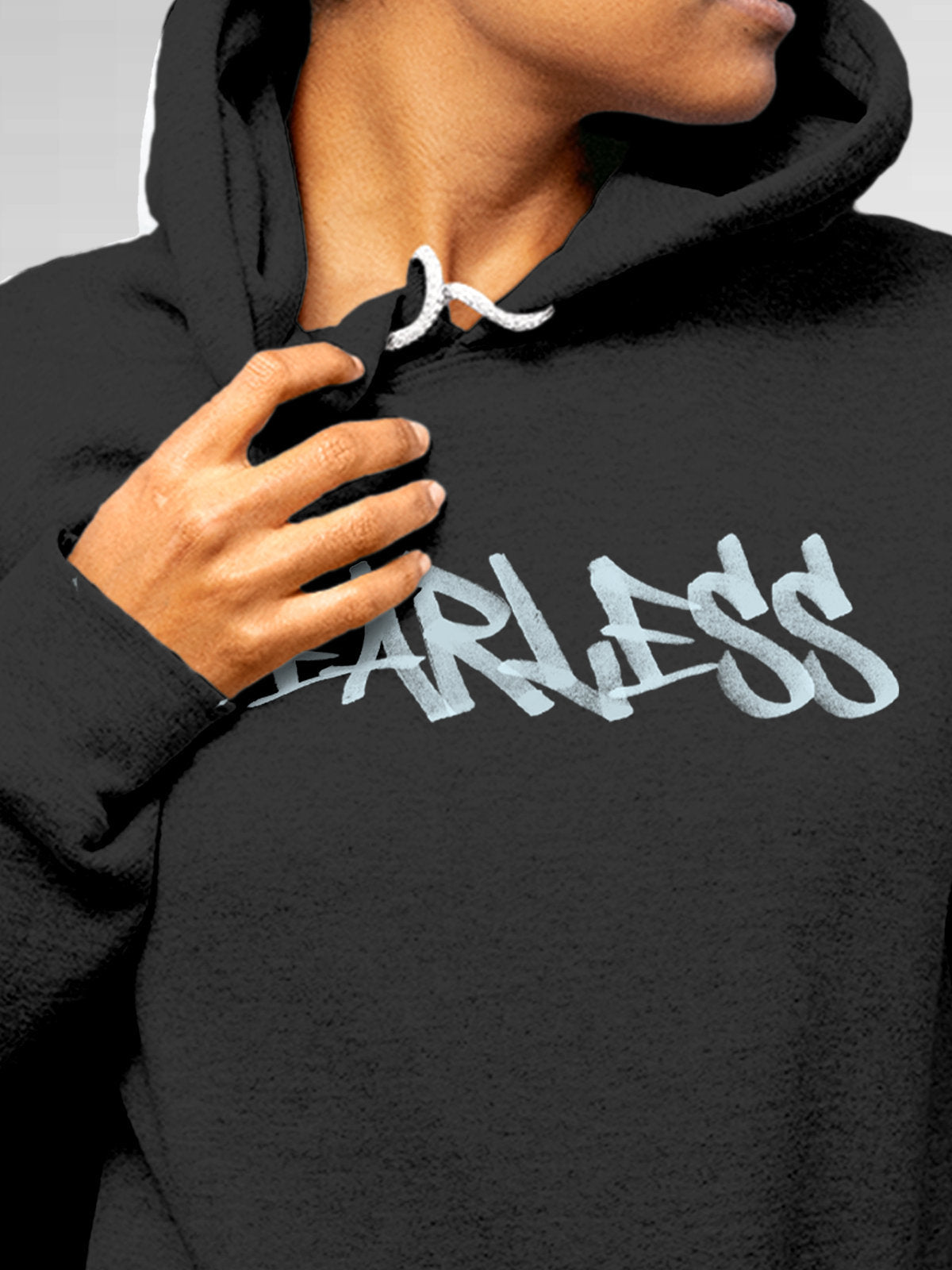 Close up of 'Fearless' design on Women's Dark Grey Hoodie Sweatshirt, highlighting intricate details and vibrant print.
