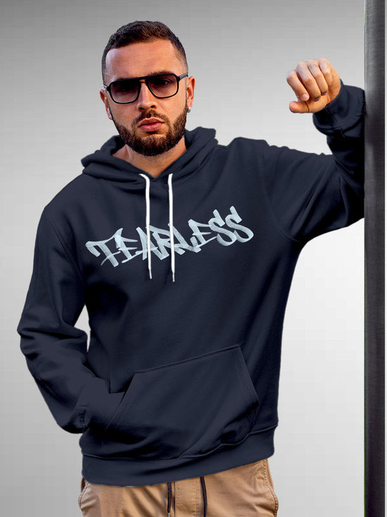 Fighterhero Hoodies: Model wearing Men's Navy Blue Hoodie Sweatshirt with 'Fearless' design