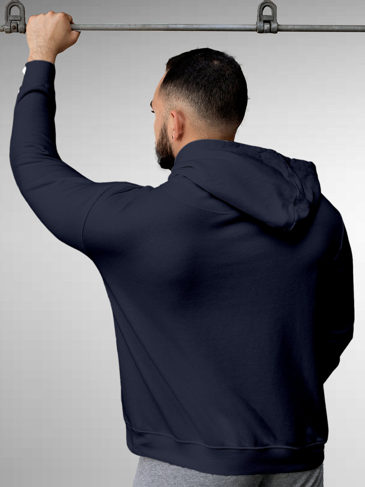 Back view of Fighterhero Men's Navy Blue Hoodie Sweatshirt, highlighting the modern look and clean finish