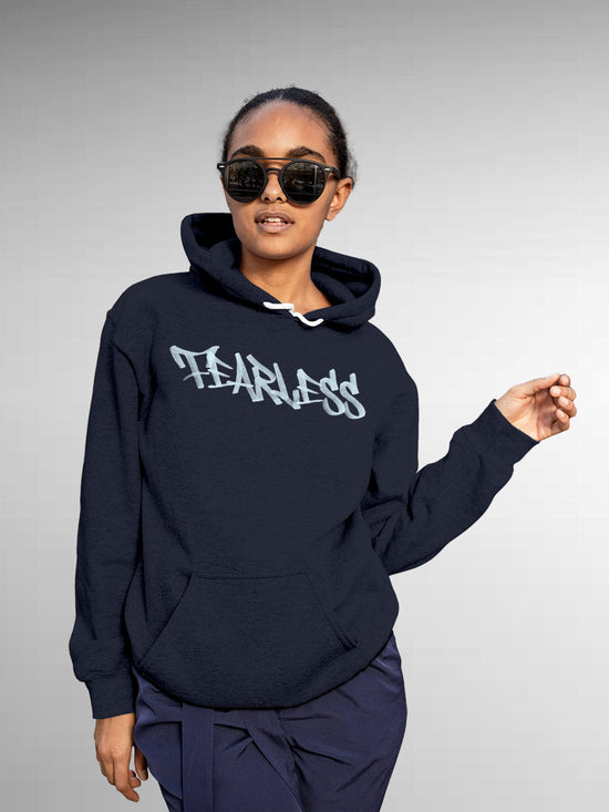 Fighterhero Hoodies: Model wearing Women's Navy Blue Hoodie Sweatshirt with 'Fearless' design