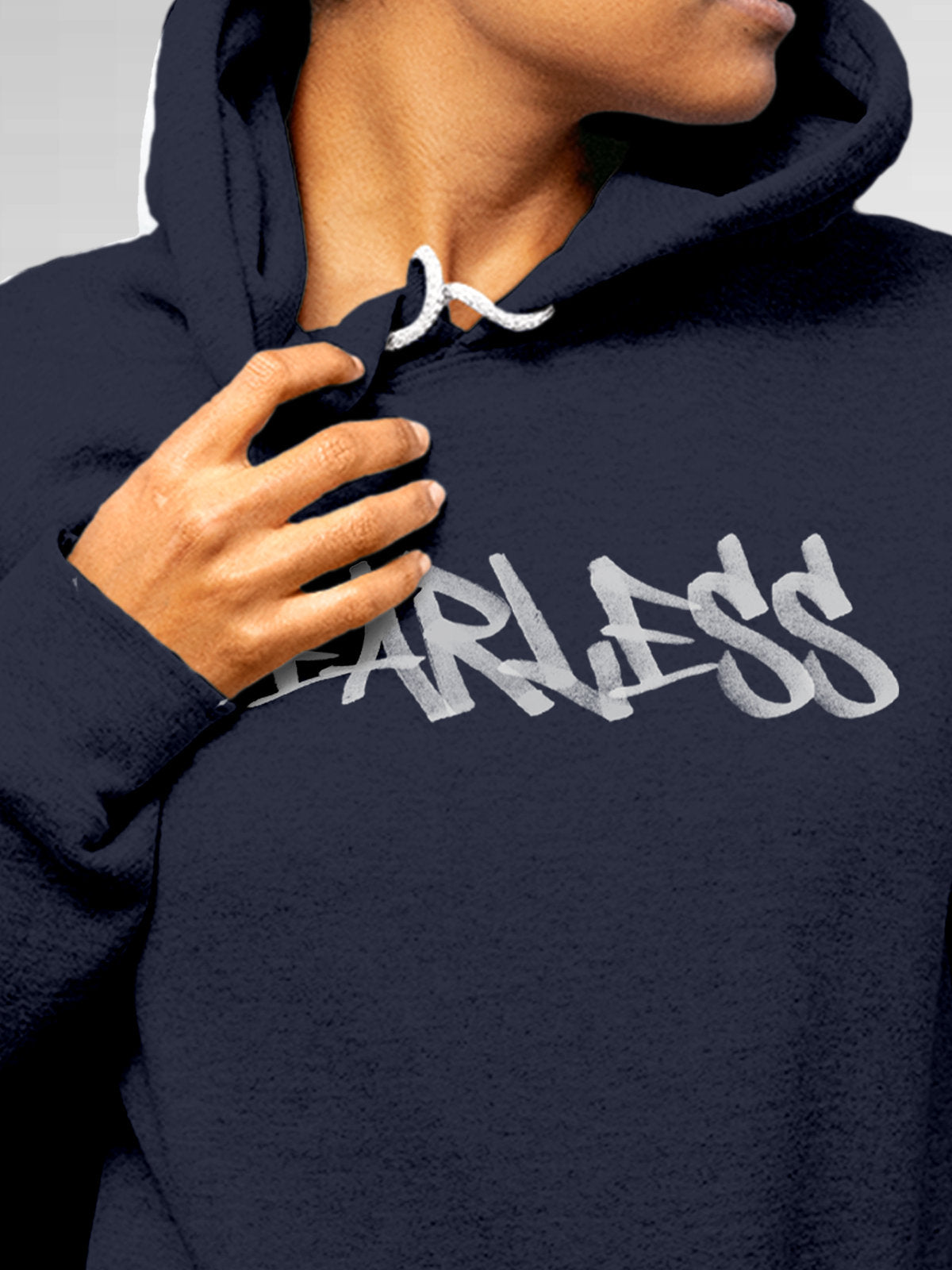 Close up of 'Fearless' design on Women's Navy Blue Hoodie Sweatshirt, highlighting intricate details and vibrant print.