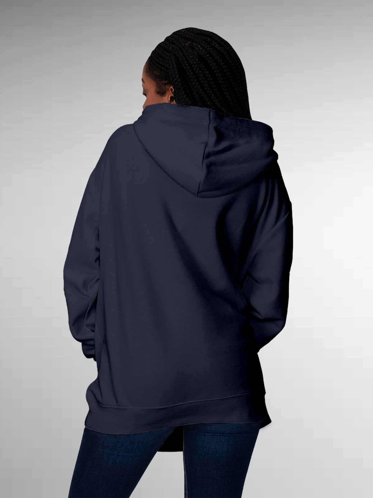 Back view of Fighterhero Women's Navy Blue Hoodie Sweatshirt, highlighting the modern look and clean finish