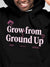 Close up of 'Grow From Ground Up' design on Men's Black Hoodie Sweatshirt, highlighting intricate details and vibrant print.