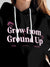 Close up of 'Grow From Ground Up' design on Women's Black Hoodie Sweatshirt, highlighting intricate details and vibrant print.