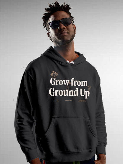 Model wearing Men's Dark Grey Hoodie Sweatshirt with 'Grow From Ground Up' design, offering effortless style and premium comfort