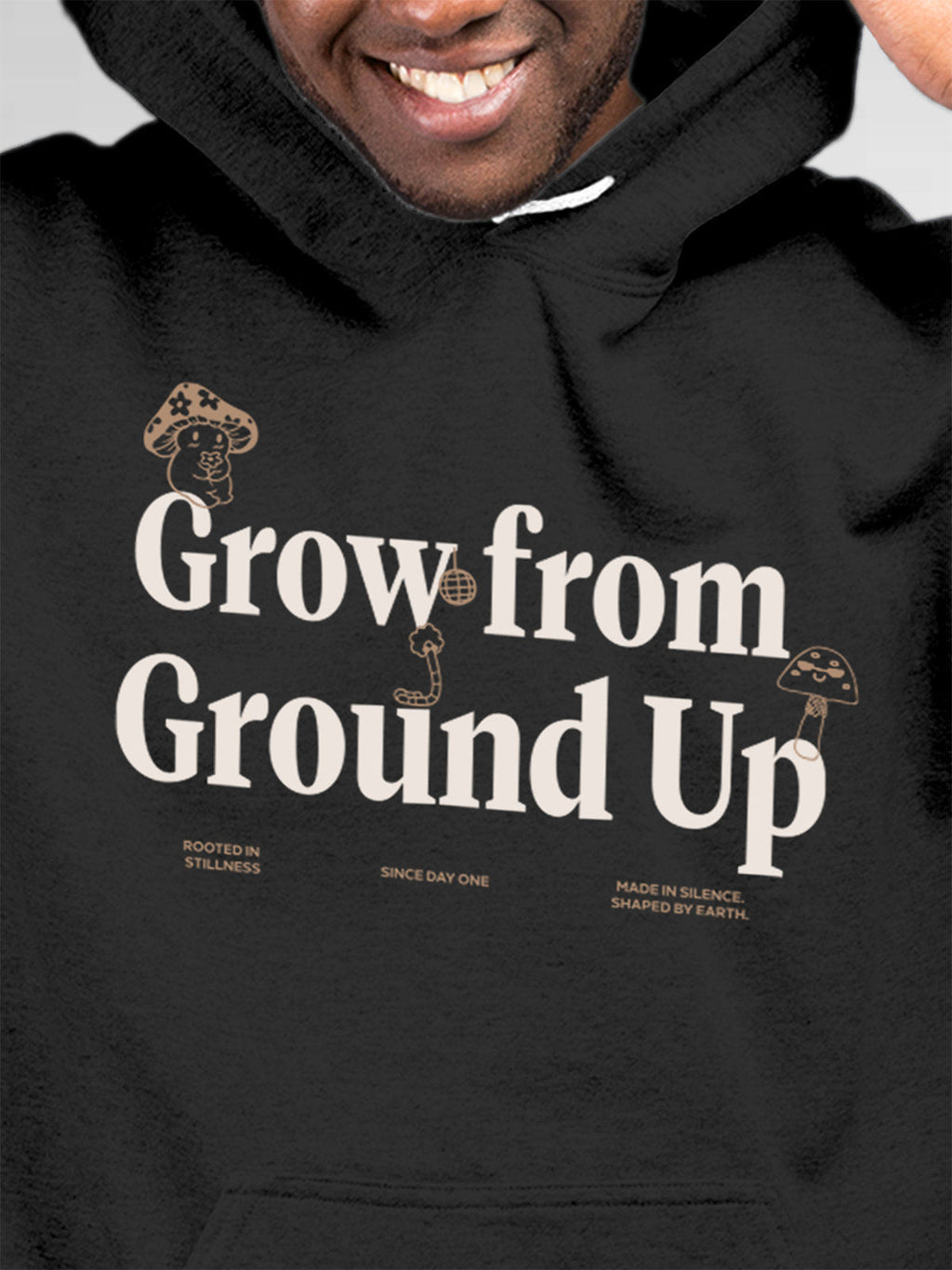 Close up of 'Grow From Ground Up' design on Men's Dark Grey Hoodie Sweatshirt, highlighting intricate details and vibrant print.