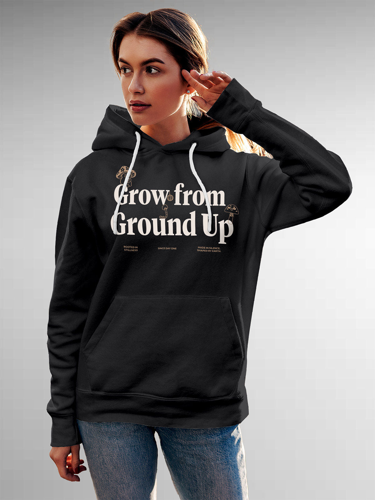 Model wearing Women's Dark Grey Hoodie Sweatshirt with 'Grow From Ground Up' design, offering effortless style and premium comfort