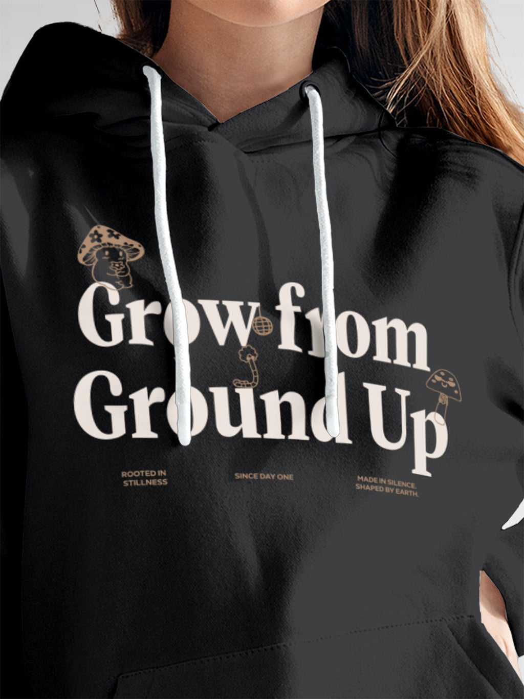Close up of 'Grow From Ground Up' design on Women's Dark Grey Hoodie Sweatshirt, highlighting intricate details and vibrant print.
