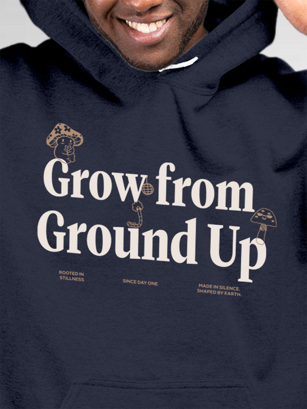 Close up of 'Grow From Ground Up' design on Men's Navy Blue Hoodie Sweatshirt, highlighting intricate details and vibrant print.