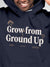 Close up of 'Grow From Ground Up' design on Men's Navy Blue Hoodie Sweatshirt, highlighting intricate details and vibrant print.