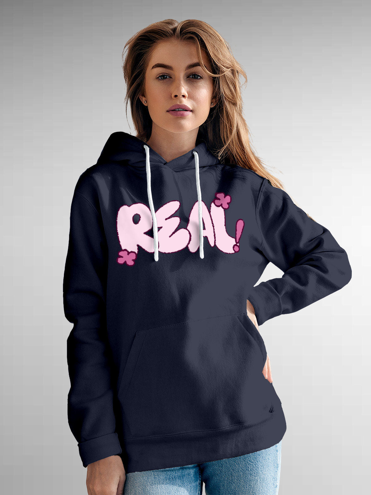 Model wearing Women's Navy Blue Hoodie Sweatshirt with 'Real' design, offering effortless style and premium comfort