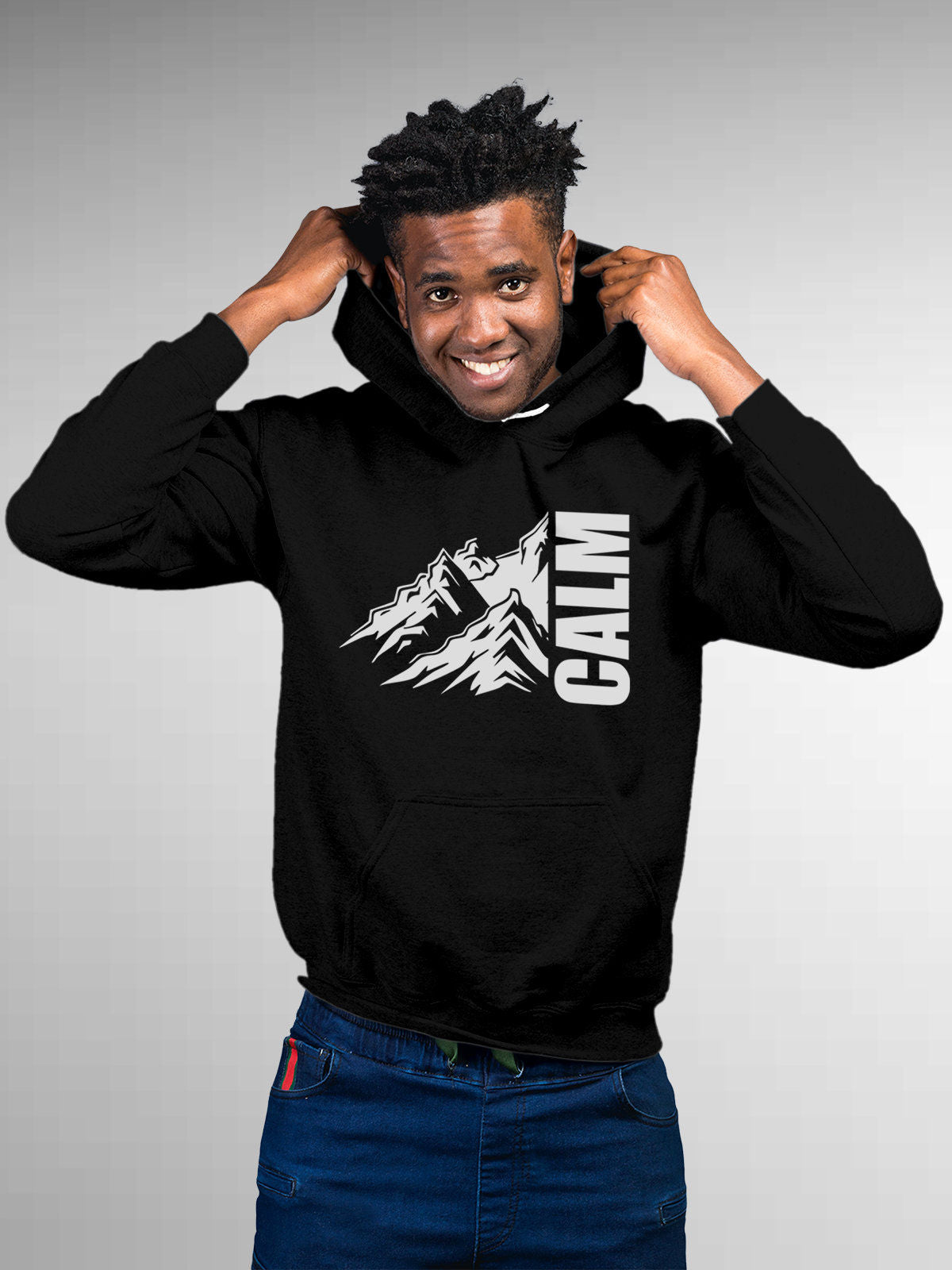Model wearing Men's Black Hoodie Sweatshirt with 'Calm' design, offering effortless style and premium comfort