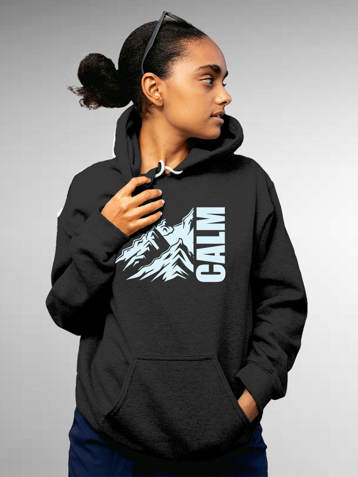 Model wearing Women's Dark Grey Hoodie Sweatshirt with 'Calm' design, offering effortless style and premium comfort