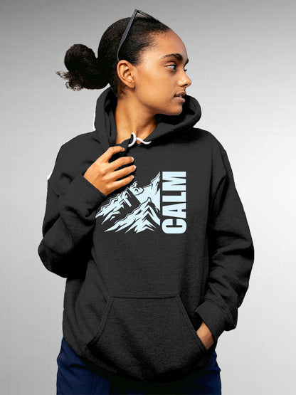 Model wearing Women's Dark Grey Hoodie Sweatshirt with 'Calm' design, offering effortless style and premium comfort