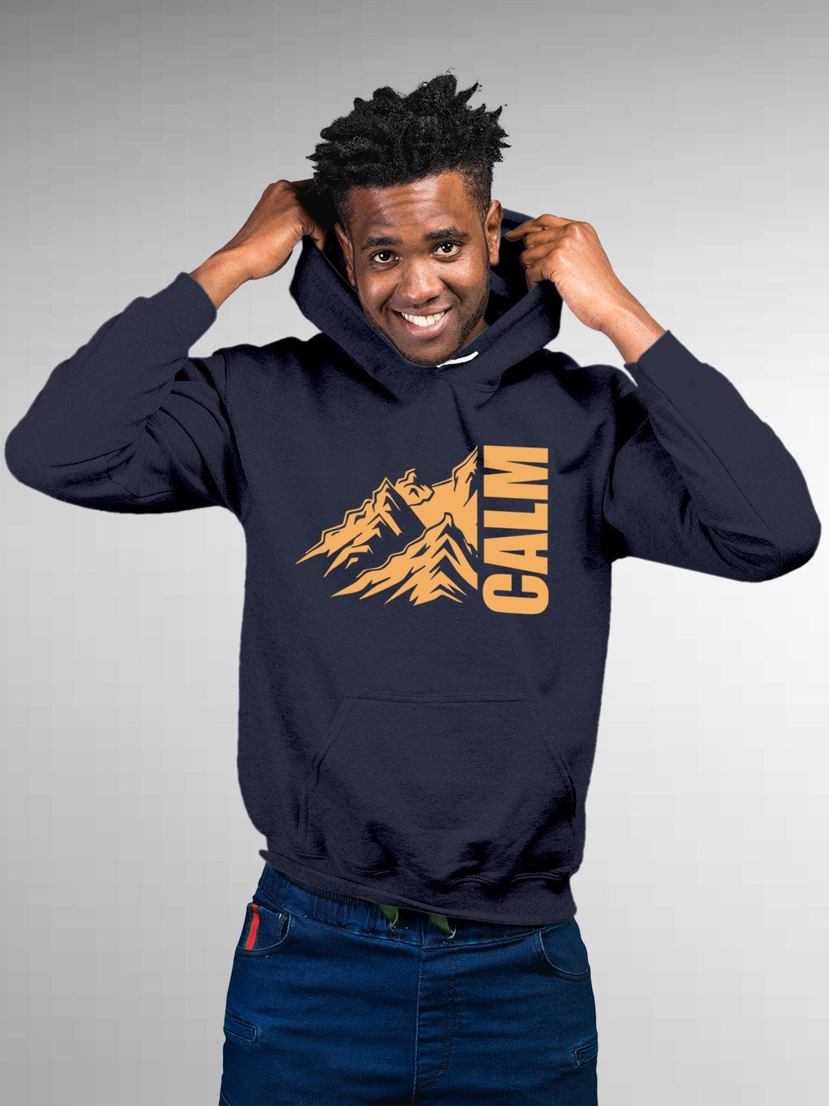 Model wearing Men's Navy Blue Hoodie Sweatshirt with 'Calm' design, offering effortless style and premium comfort