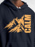 Close up of 'Calm' design on Men's Navy Blue Hoodie Sweatshirt, highlighting intricate details and vibrant print.