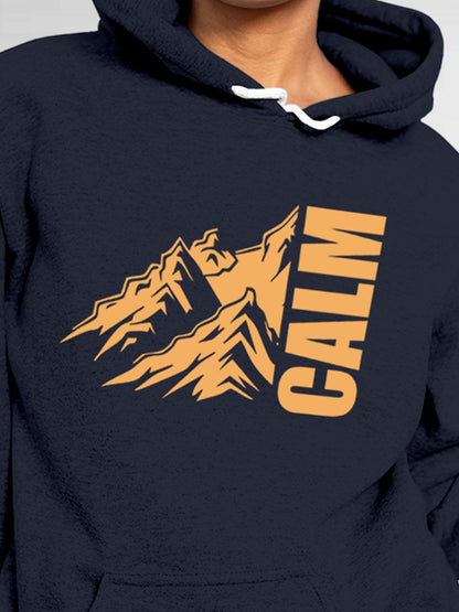 Close up of 'Calm' design on Women's Navy Blue Hoodie Sweatshirt, highlighting intricate details and vibrant print.