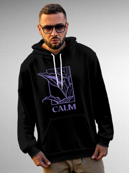 Model wearing Men's Black Hoodie Sweatshirt with 'Calm' design, offering effortless style and premium comfort