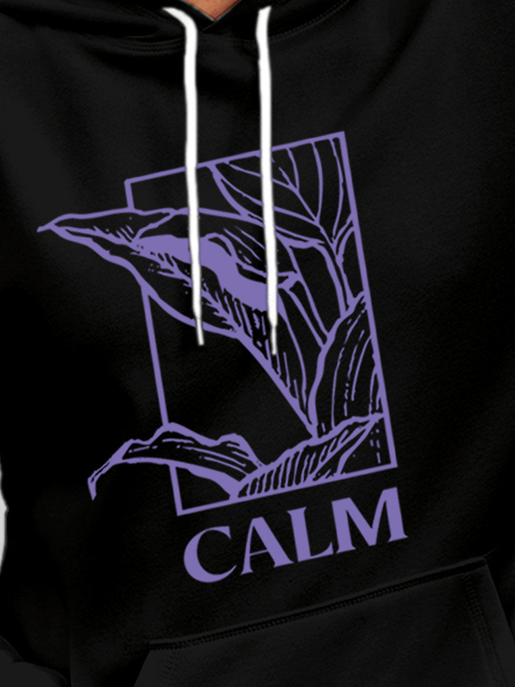 Close up of 'Calm' design on Men's Black Hoodie Sweatshirt, highlighting intricate details and vibrant print.