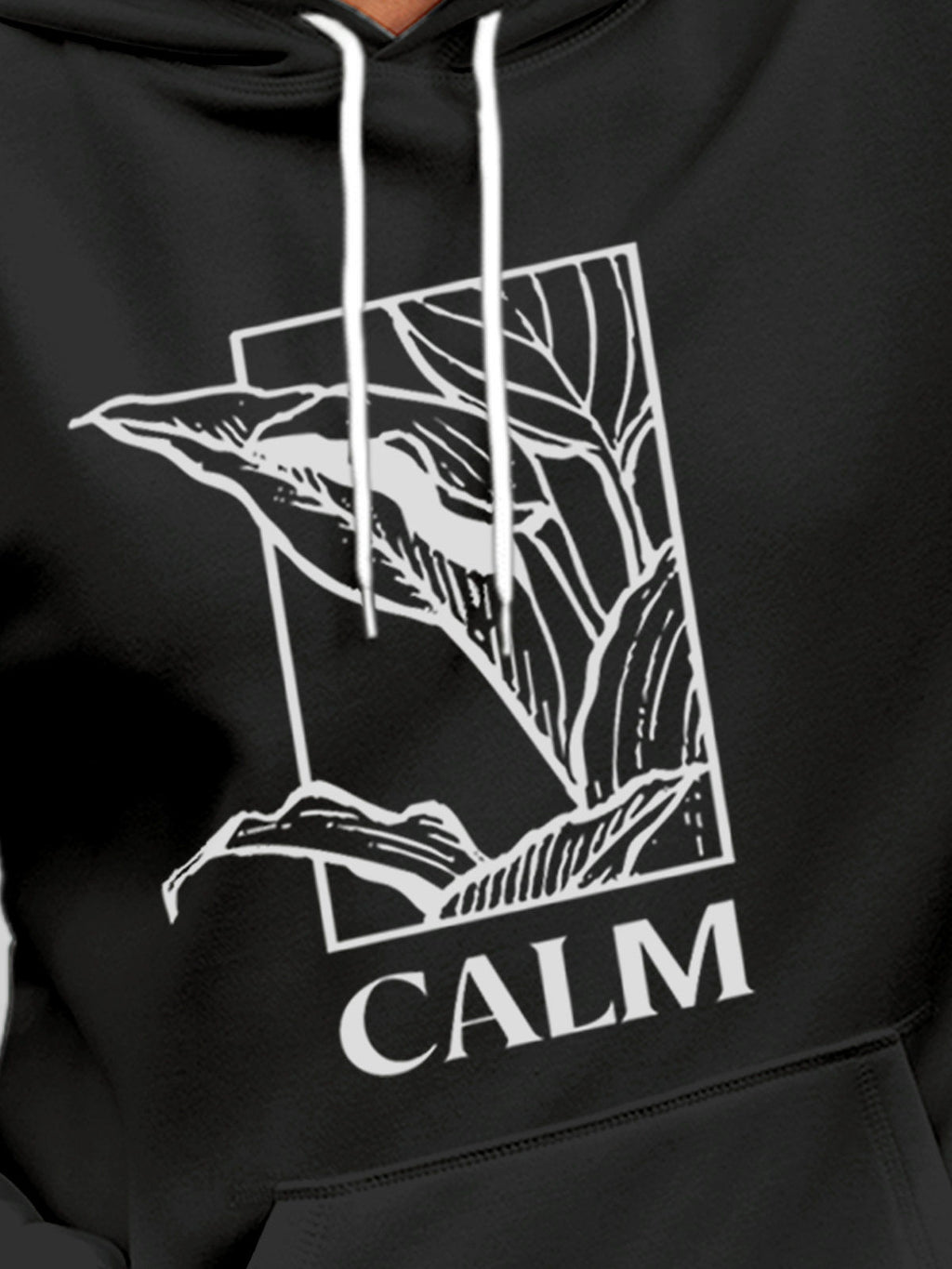 Close up of 'Calm' design on Men's Dark Grey Hoodie Sweatshirt, highlighting intricate details and vibrant print.