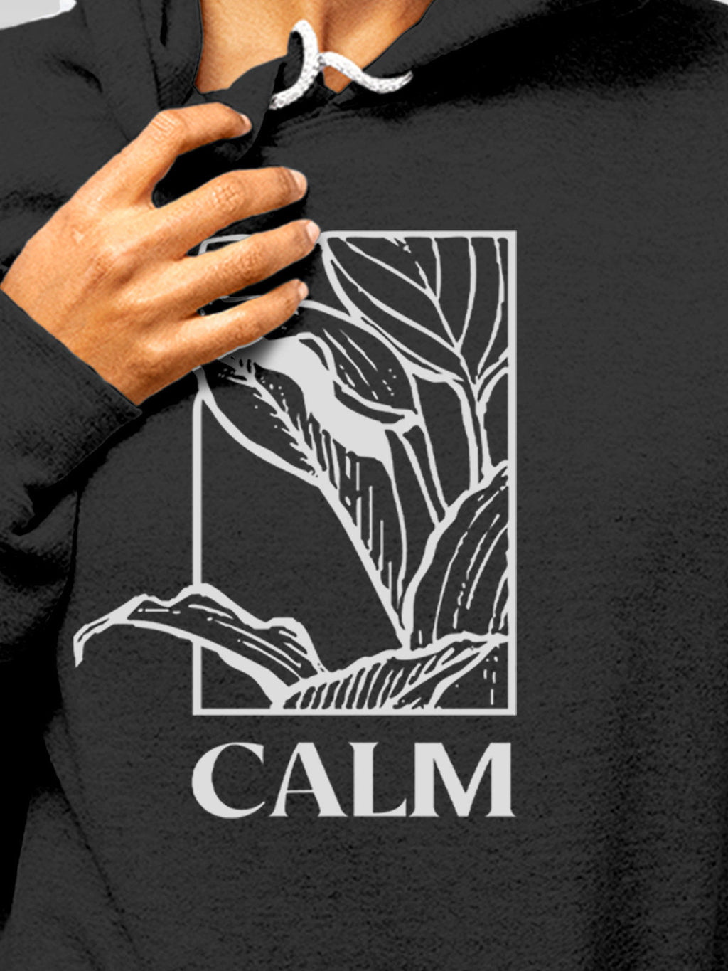 Close up of 'Calm' design on Women's Dark Grey Hoodie Sweatshirt, highlighting intricate details and vibrant print.
