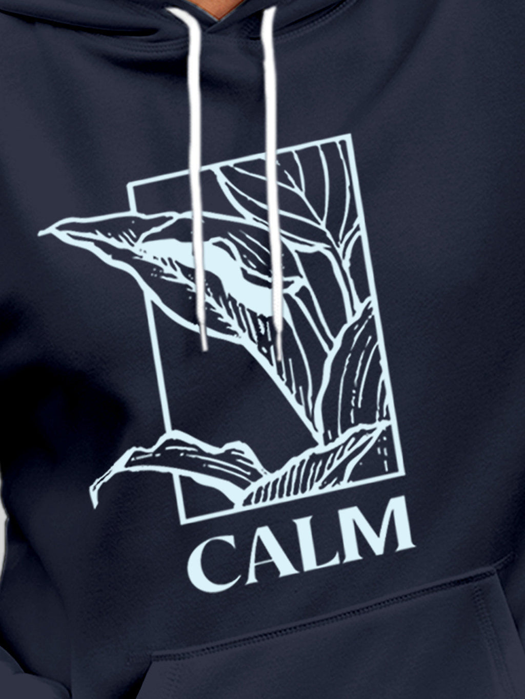 Close up of 'Calm' design on Men's Navy Blue Hoodie Sweatshirt, highlighting intricate details and vibrant print.