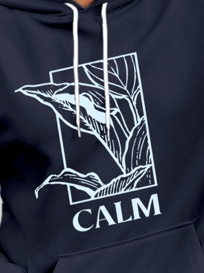 Close up of 'Calm' design on Men's Navy Blue Hoodie Sweatshirt, highlighting intricate details and vibrant print.