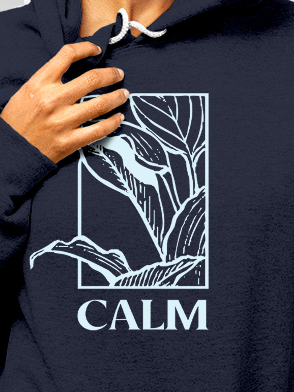Close up of 'Calm' design on Women's Navy Blue Hoodie Sweatshirt, highlighting intricate details and vibrant print.