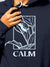 Close up of 'Calm' design on Women's Navy Blue Hoodie Sweatshirt, highlighting intricate details and vibrant print.