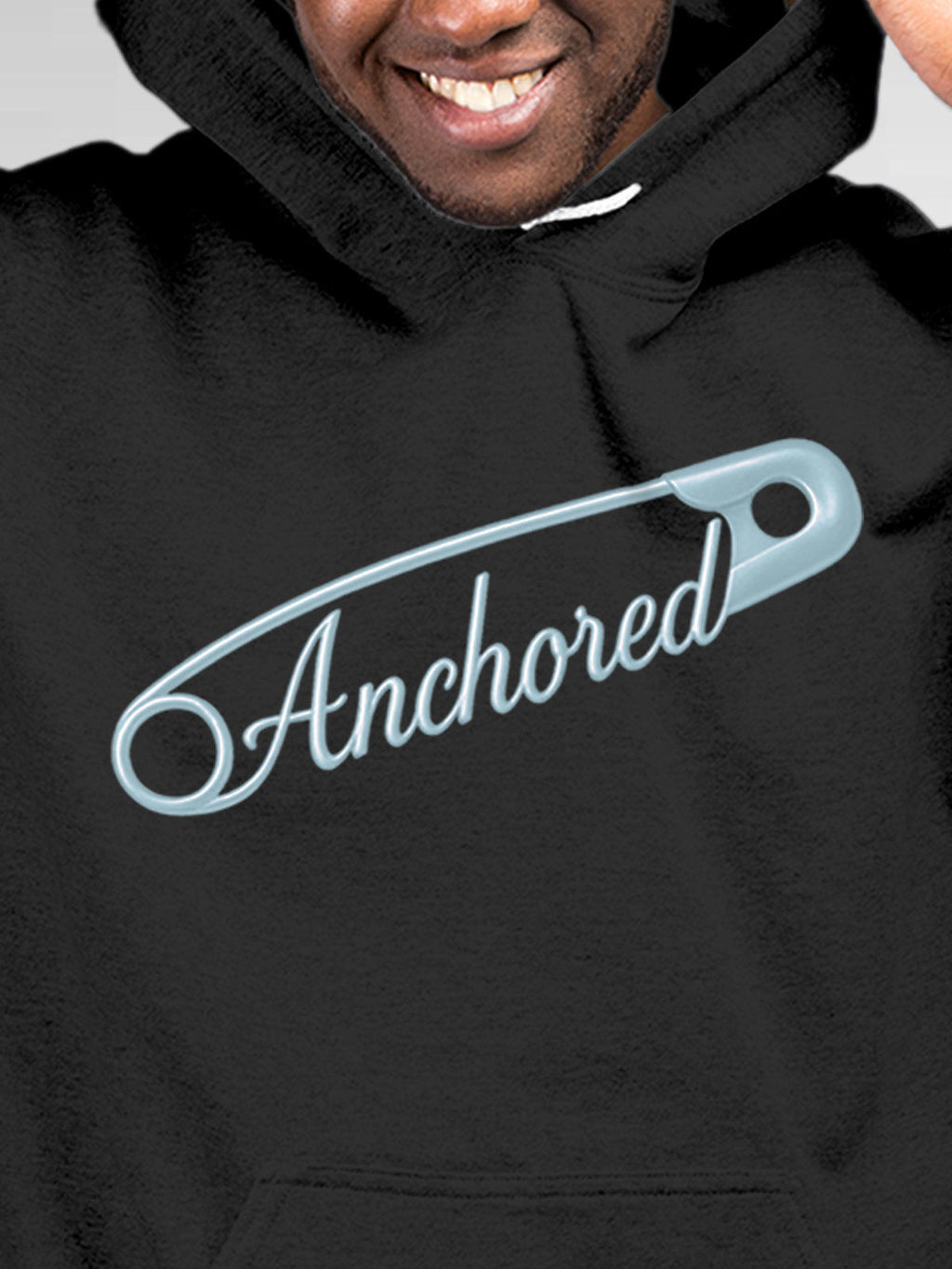 Close up of 'Anchored' design on Men's Dark Grey Hoodie Sweatshirt, highlighting intricate details and vibrant print.