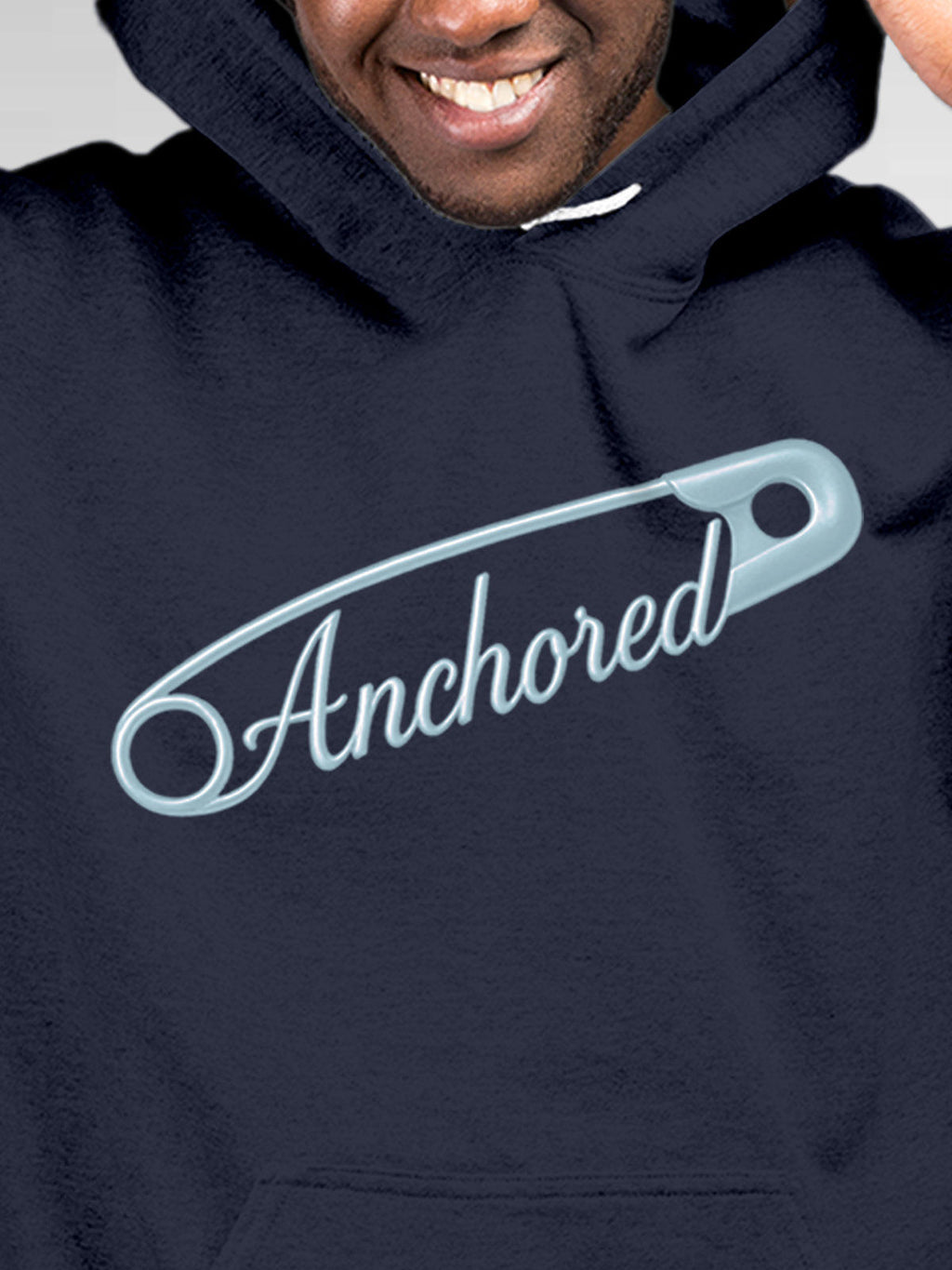 Close up of 'Anchored' design on Men's Navy Blue Hoodie Sweatshirt, highlighting intricate details and vibrant print.