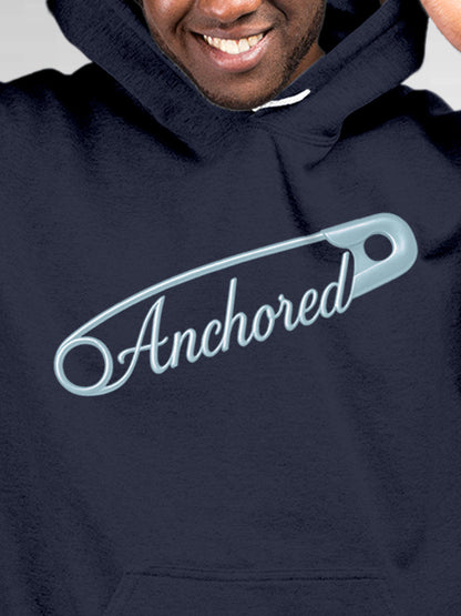 Close up of 'Anchored' design on Men's Navy Blue Hoodie Sweatshirt, highlighting intricate details and vibrant print.