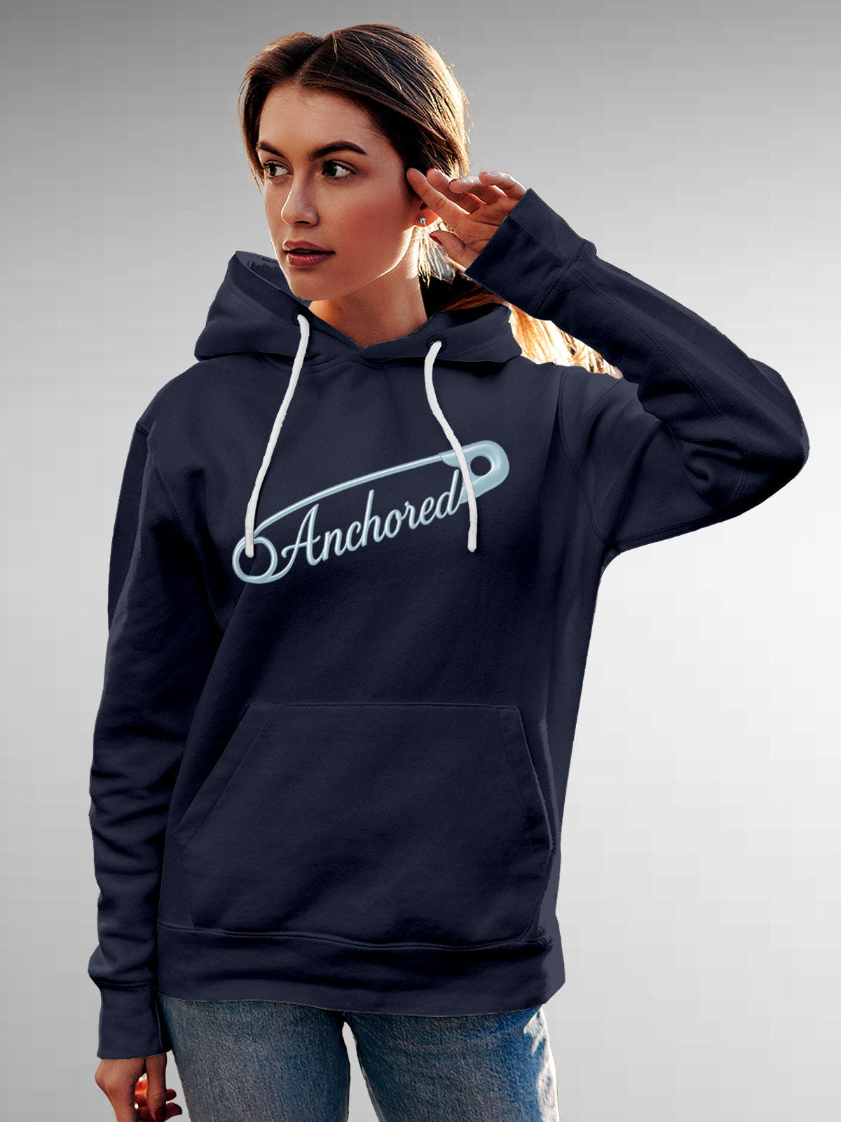 Model wearing Women's Navy Blue Hoodie Sweatshirt with 'Anchored' design, offering effortless style and premium comfort
