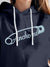 Close up of 'Anchored' design on Women's Navy Blue Hoodie Sweatshirt, highlighting intricate details and vibrant print.
